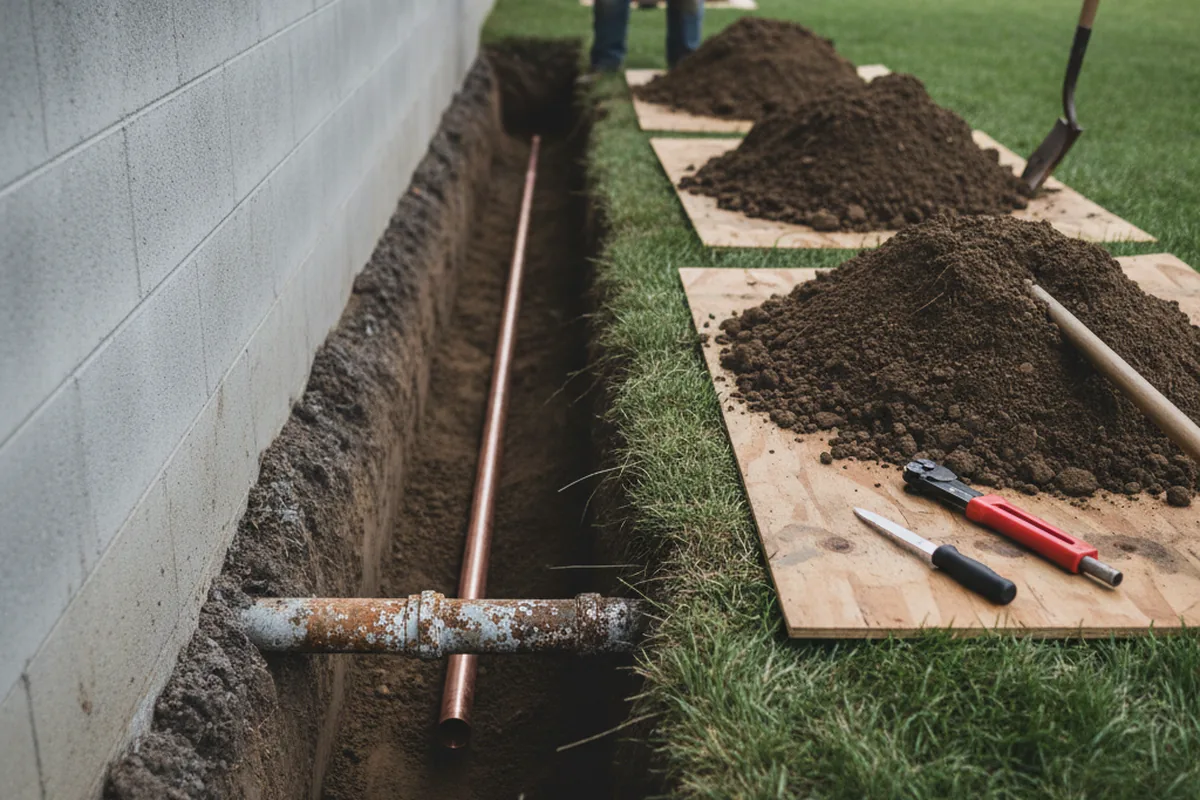 Excavated water line trench during Water Softener Installation in Huntington Beach